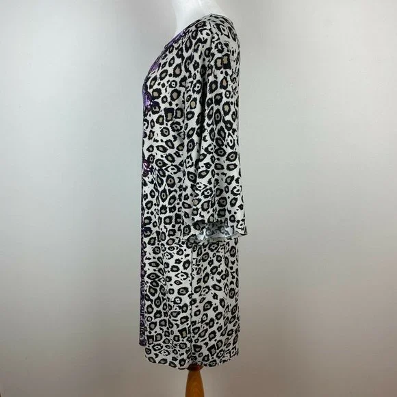 Dana Buchman Dress M Leopard Floral 3/4 Bell Sleeve Beige Tan Purple - Picture 7 of 11